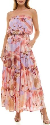 Socialite Metallic Floral Strapless Tiered Maxi Dress in Lavender/Coral at Nordstrom, Size X-Large