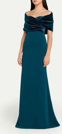 Badgley Mischka Velvet Drape Evening Gown In Teal