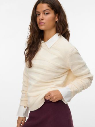 Vero Moda Strickpullover VERO MODA VMMALOU LS O-NECK PULLOVER BOO, Damen, Gr. M, beige (birch), Strick, Obermaterial: 100% Polyester, gemustert, unifarben, regu