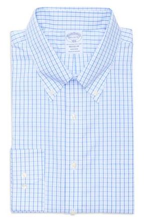 Brooks Brothers Regular Fit Non-Iron Plaid Cotton Dress Shirt in Blueschk at Nordstrom Rack, Size 15.5 - 34
