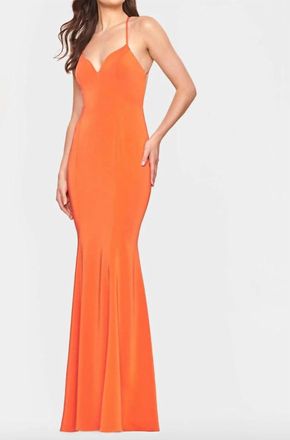 Faviana Fit & Flare Open Back Gown In Tangerine