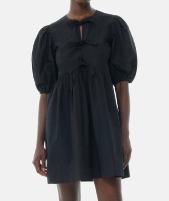 Ganni Cotton Poplin Tie String Mini Dress In Black