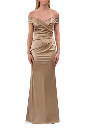 La Femme Off the Shoulder Stretch Satin Evening Dress in Pewter at Nordstrom, Size 10