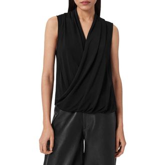 AllSaints Adaline Asymmetrical Faux Wrap Tank in Black at Nordstrom, Size 10 Us