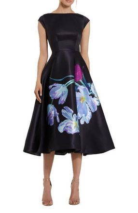 Mac Duggal Satin Cap Sleeve Midi Dress With Floral Print in Black Multi at Nordstrom, Size 18