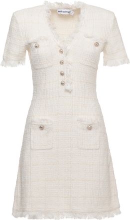 Self Portrait Ivory Midi Dress With Fringed V-Neck And Jewel Details