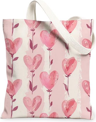 Generic Heart Floral Canvas Tote Bags, Stylish Heart Pattern Reusable Grocery Bags, Spring Elegant Lightweight Washable Shoulder St, Peach, 13x15 Inch
