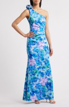 Eliza J Floral One-Shoulder Evening Dress in Blue Multi at Nordstrom, Size 10