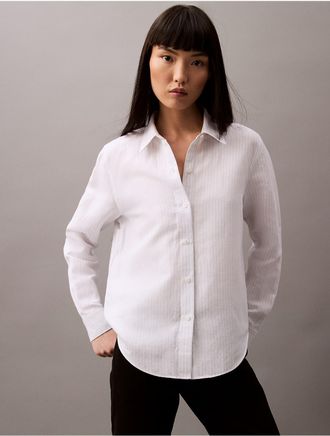 Calvin Klein Womens Linen Blend Stripe Classic Button-Down Shirt - White - XS