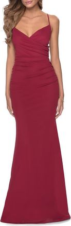 La Femme Fitted Jersey Long Dress with Lace Up Back in Burgundy at Nordstrom, Size 00