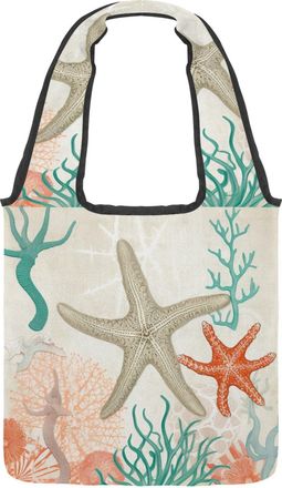 Generic Seashell Coral Starfish Reversible Canvas Shoulder Tote - Double-Sided Print, 12oz Cotton, 27cm Drop, Fold-Flat Bag for Travel, Shopping, Street Outin