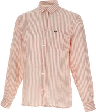 Lacoste Regular Fit Gestreepte Linnen Overhemd - Heren - Casual Overhemden - Roze - 5XL - Linnen - Overhemden