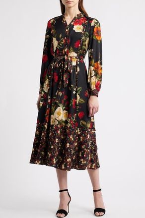 Elie Tahari The Mila Floral Long Sleeve Stretch Silk Shirtdress in Lovestruck Black at Nordstrom, Size X-Small