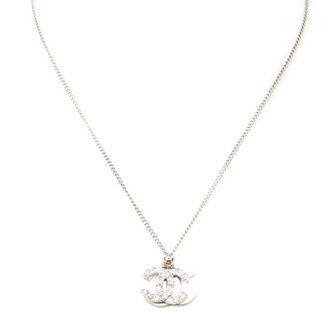 Chanel Pre-owned Womens Double CC Rhinestone Pendant Necklace - Silver - One Size