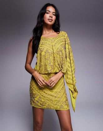 Asos Vestito corto effetto con mantella asimmetrica color chartreuse con decorazioni-Verde