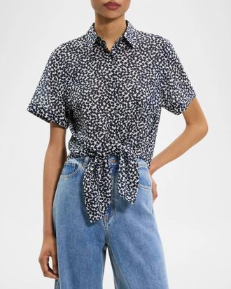 Theory Tie Front Short Sleeve Blouse In Multi