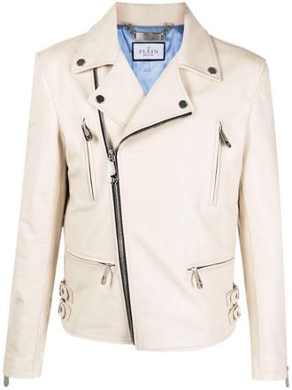 Philipp Plein Gothic Plein leather biker jacket - men - Leather/Viscose - XXXXL - Neutrals