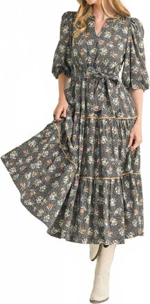 Merci Bubble Sleeve Lace Trim Midi Dress In Black Floral