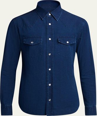 Tom Ford Mens Slim-Fit Denim Poplin Double-Pocket Western Shirt