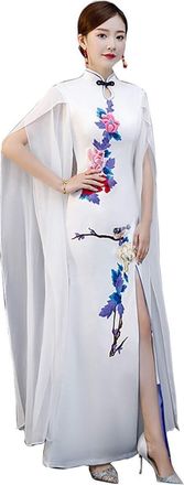 Generic Chinese Style Chiffon Appliques Womens Qipao Dress Birthday Party Long Cheongsam Gown with Cape Shawl White(White,4X-Large)
