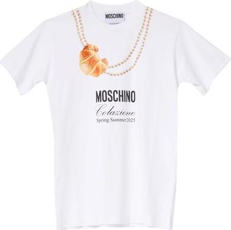 Moschino Croissant Print Wit Korte Mouw T-shirt - Dames - T-shirts - Wit - S - Katoen - Tops
