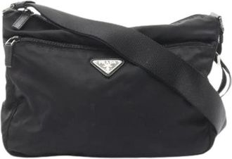 Prada Pre-owned Cross Body Bags, female, Black, Size: ONE SIZE Pre-owned Triangle Logo Nylon Saffiano Leather Shoulder Bag