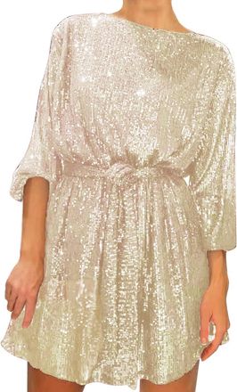 Generic Sequin Dresses for Women UK Long Sleeve Glitter Party Sparkle Loose Fit Shift Mini Short with Belt Plus Size Slim Tunic Swing for Daily Evening Weddin