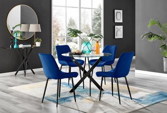 Furniturebox Novara 4 Seater Black Leg Round Glass Dining Table & 4 Pesaro Soft Velvet Black Leg Chairs in Navy