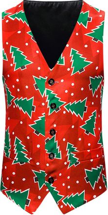 Generic Mens Red Christmas Tree Waistcoat, Festive Green Tree Pattern Gilet, Stylish Sleeveless Holiday Vest, Comfortable Xmas Party Outfit, Mens Winter-Theme