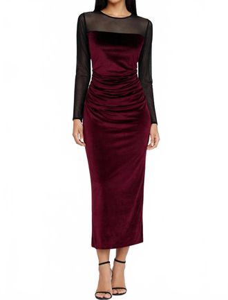 Amanda Uprichard Velvet Mesh Midi Dress Ruched Long Sleeve Dress In Burgundy