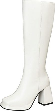Generic Womens Square Toe Platform Long Boots PU Leather Knee High Boots with Side Zipper Chunky High Heel Party Prom Shoes,White,3.5 UK