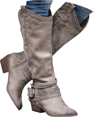 Generic Cowboy Boots for Women Extra Wide Calf Knee High Boots for Women Cowboy Ankle Boot Chunky Heel Boot Fashion Pull on Zipper Vintage Leather Booties wit