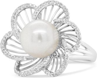 House of Brilliance 14K White Gold 11mm Round Pearl and 1/3 Cttw Round Diamond Openwork Flower Blossom Ring - Size 7