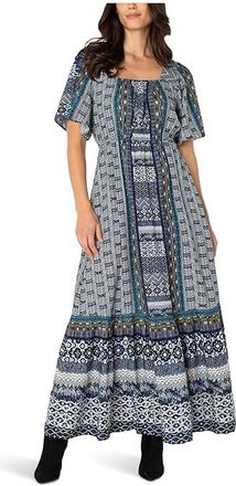 Liverpool L.A. Elbow Sleeve Square Neck Woven Maxi Dress With Pockets Womens Dress Blue Shibori : XS, Rayon