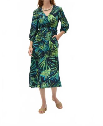 Joseph Ribkoff Tropical Print V-Neck Midi Dress In Midnight Blue/multi