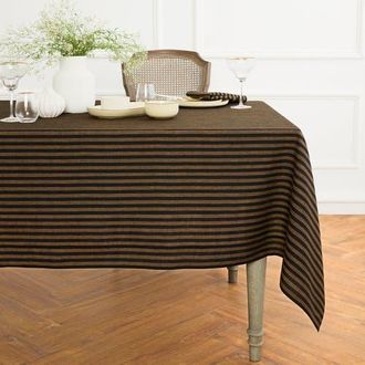 Solino Home Linen Tablecloth for Dining Table, Holiday and Everyday Dining Table Decor - Amalfi Stripe in Brown Sugar And Black at Nordstrom, Size
