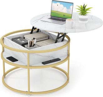 Costway Lift Top Coffee Table 80cm Round Center Table with Side Shelves-White