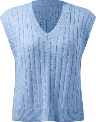 Generic Ladies Sleeveless Knitted Vest UK Sleeveless Womens Ladies Polo Roll Neck Turtle Jumper Knitwears Women Sweater Vest Chunky Knitted Vest Tank Top Blue