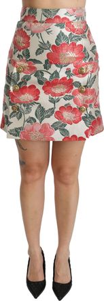 Dolce & Gabbana Womens White Green Red Floral High Waist Mini Skirt Polyester Silk