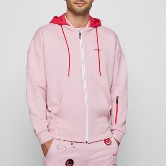 HUGO BOSS Mens Saggyart Hooded ZIp Sweatshirt in Pink Cotton - Size X-Large