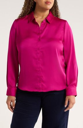 Liverpool L.A. Satin Button-Up Shirt in Fuchsia Kiss at Nordstrom, Size 2X