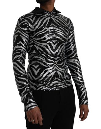 Dolce & Gabbana Mens Black Silver Sequined Polyester Sweater | Elastane Clothing