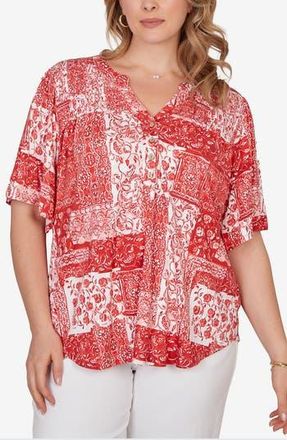 Ruby Rd. Floral Smocked Henley Jersey Top in Red Multi at Nordstrom Rack, Size 2X