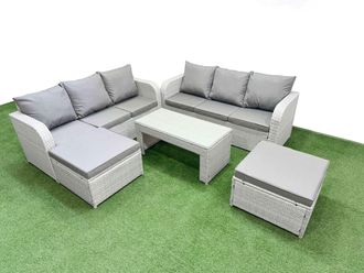 Fimous Outdoor Garden Furniture Sets 8 Seater Wicker Rattan Furniture Sofa Sets w/ Oblong Coffee Table high Back Lounge Sofa 2 Big Footstool Light