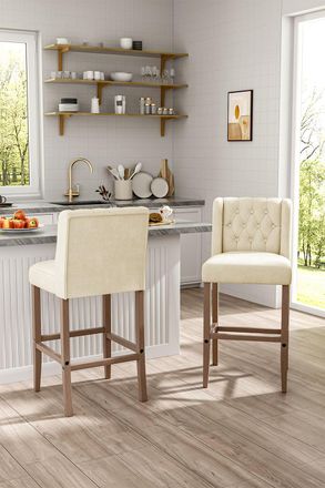 Living and Home 2pcs Linen Button Tufted Upholstered Bar Stools Dining Chair with Wood Legs Beige