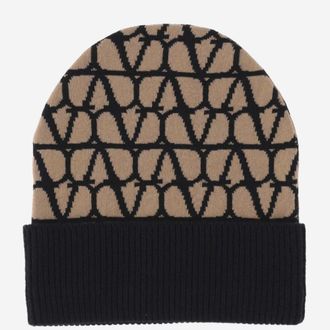 Valentino Garavani Beige CASHMERE KNITTED BEANIE TOILE ICONOGRAPHE BEANIE