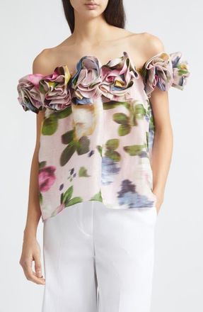 Carolina Herrera Chin&eacute; Rose Print Linen & Silk Off the Shoulder Top in Rosewater Multi at Nordstrom, Size 12