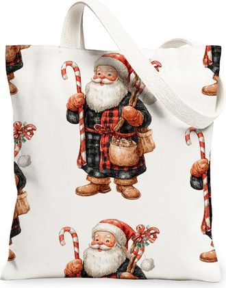 Generic Santa Claus Canvas Tote Bags, Holiday Christmas Pattern Reusable Shopping Bags, Fun Festive Lightweight Washable Shoulder S, White, 13x15 Inch