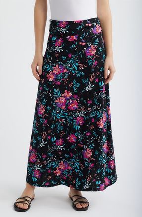Loveappella Roll Top Floral Print Maxi Skirt in Black/Fuchsia at Nordstrom, Size X-Large