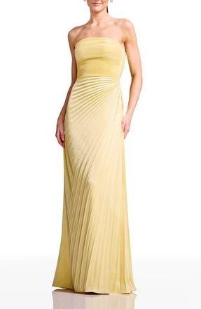 Dress The Population Kinley Accordion Pleat Strapless Evening Gown in Butter Yellow at Nordstrom, Size Xx-Large